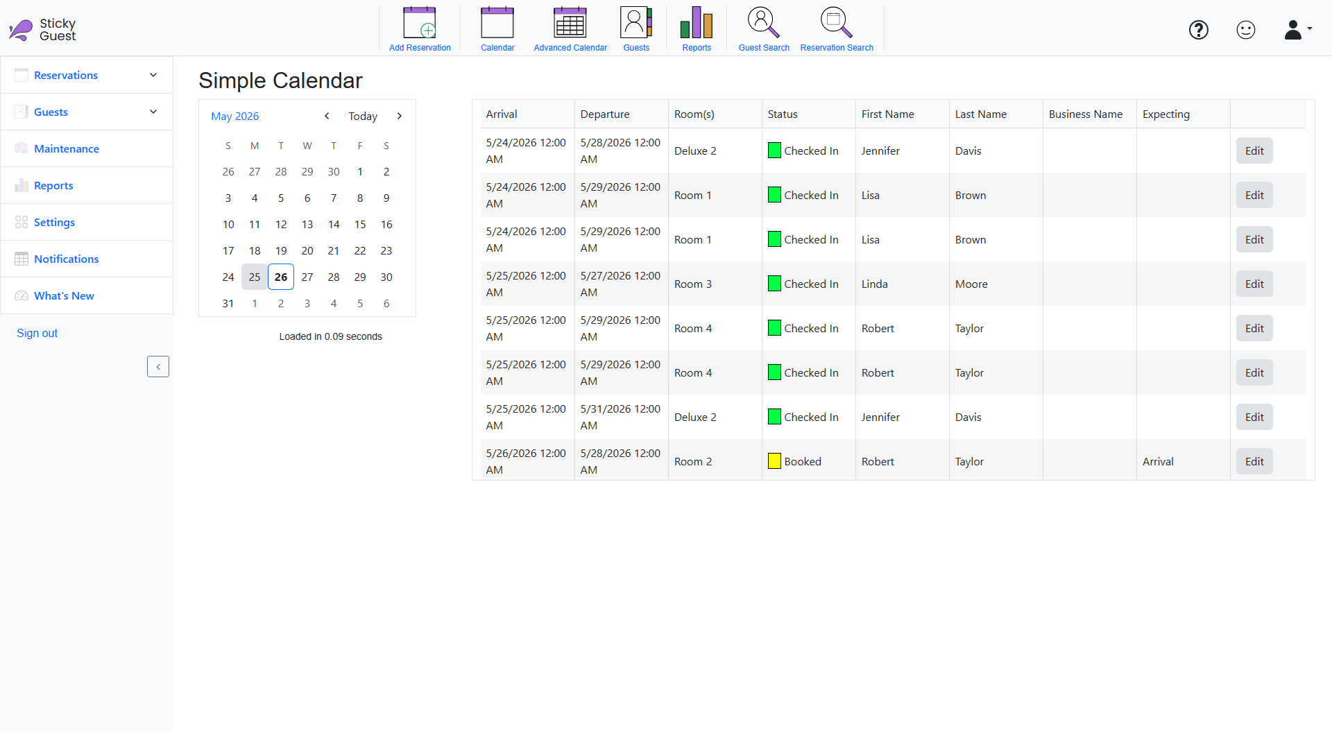 Sticky Guest simple calendar dashboard